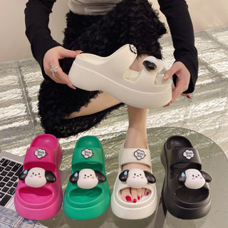 Dép quai ngang nữ 3TDEP, dép lê 2 quai độn 7cm sticker cún dễ thương