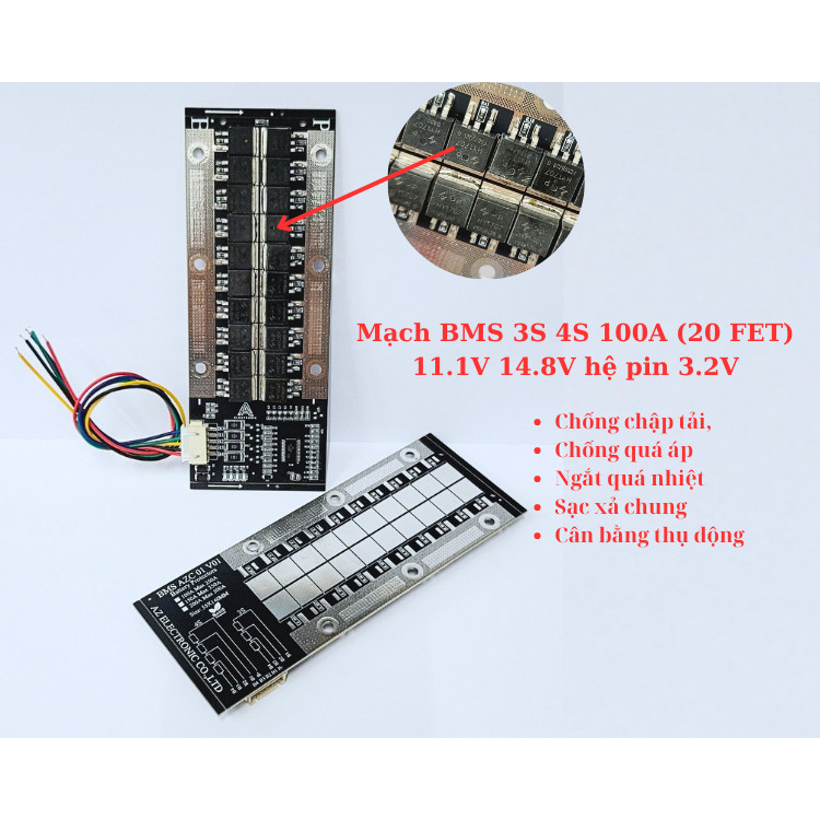 Mạch BMS 3S 4S 100A pin 3.2V (20 FET) có chống chập tải,ngắt quá nhiệt sạc xả chung PVN23024