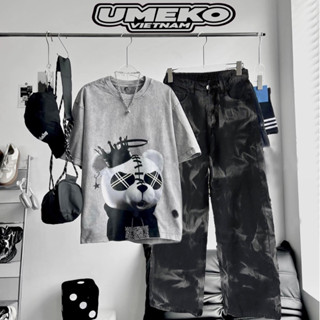 UMEKO Set ANOGY Unisex Gồm Áo Thun Wash Xám Form Rộng Cổ Tròn Và Quần Jean Màu Đen Wash Khói Ombre Form Suông Streetwar