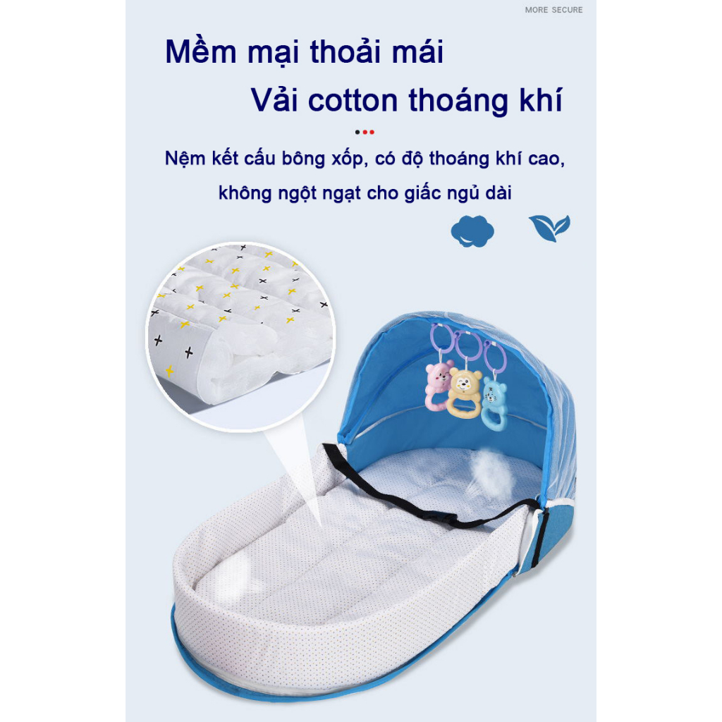 Nôi gấp gọn cho bé kèm đồ chơi, Nôi nằm chung giường sơ sinh, Nôi nệm di động mang đi