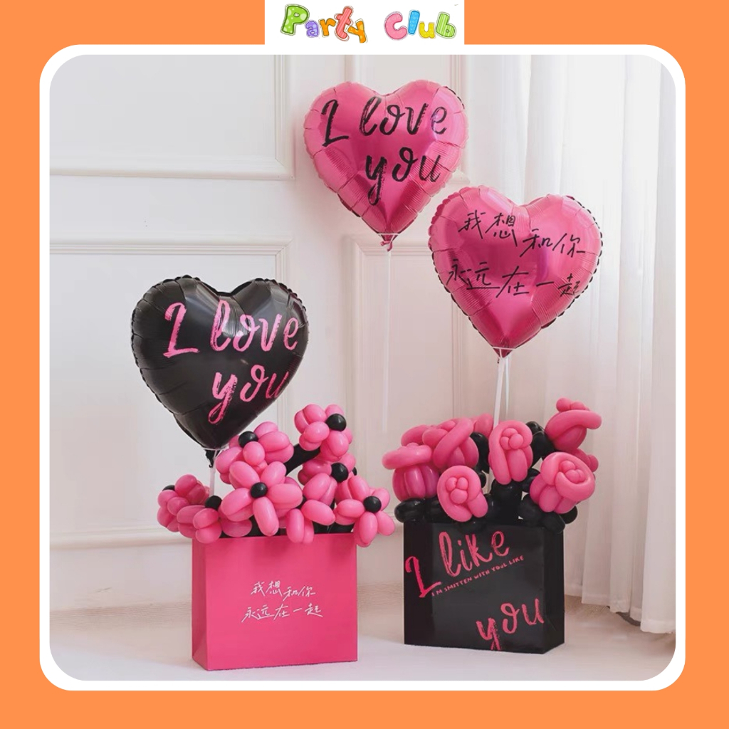 Bóng trái tim đen, hồng in chữ i love you trang trí tiệc