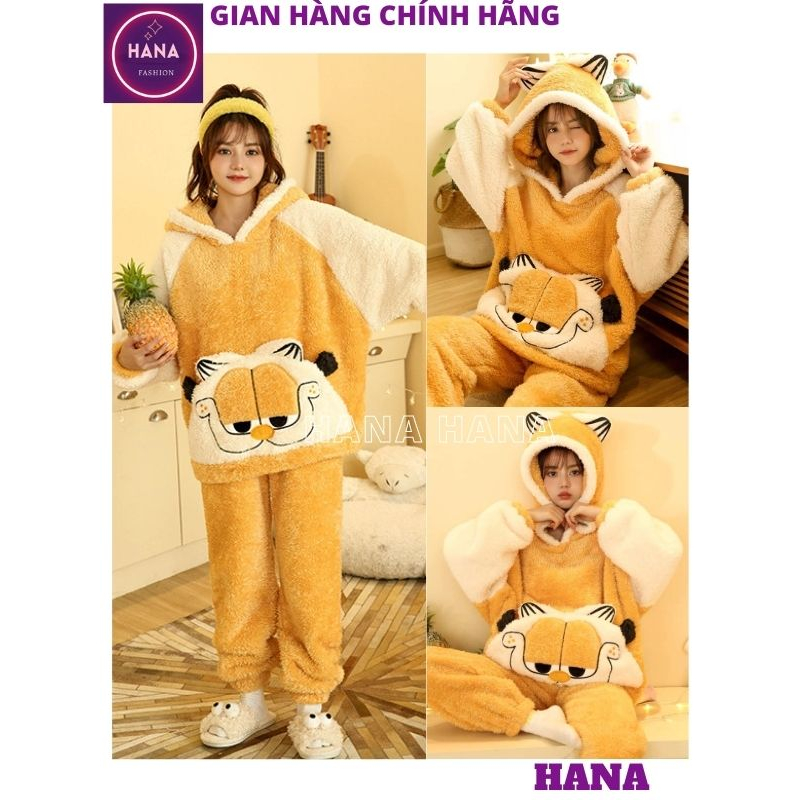 Bộ ngủ lông vàng hoạ tiết mèo ngộ nghĩnh đáng yêu kute, Bộ lông mùa đông dễ thương dày dặn mềm mại ấm áp - HANA