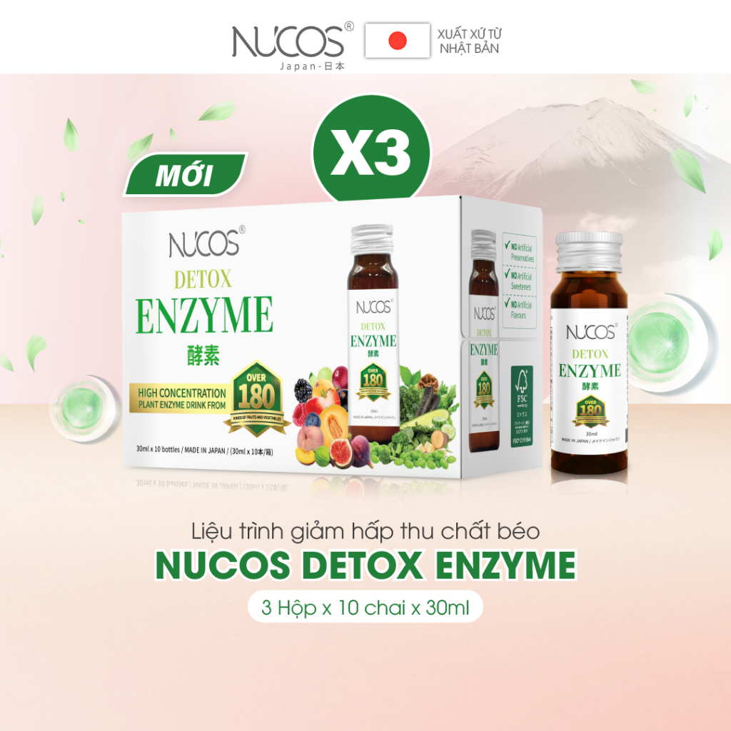 Liệu trình detox giảm hấp thụ chất béo Nucos Detox Enzyme 3 hộp x 30 chai x 30ml