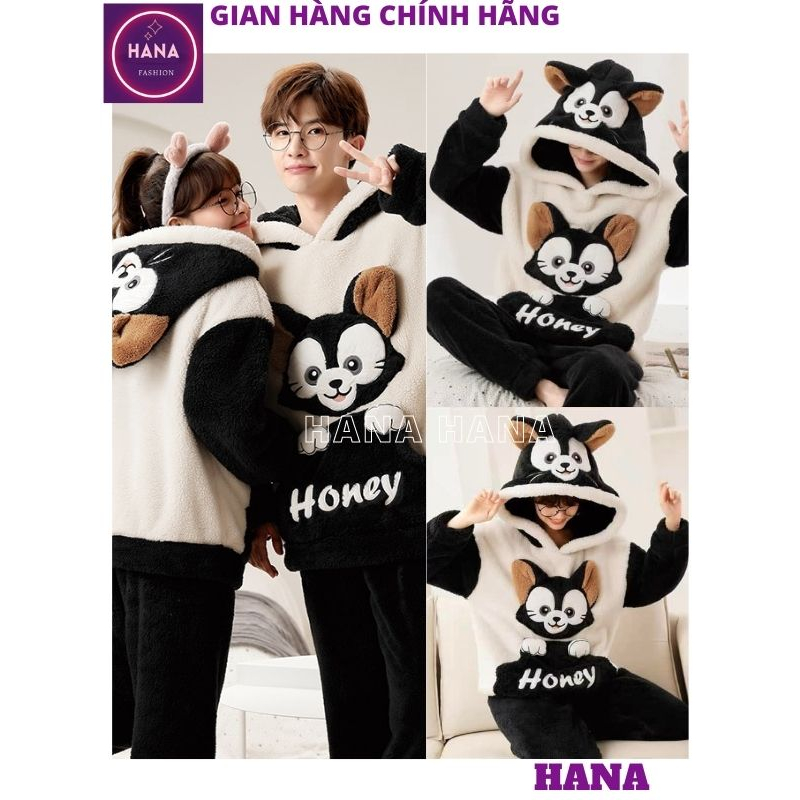 Bộ ngủ lông mèo đen trắng honey kute hoạ tiết ngộ nghĩnh đáng yêu hàn quốc, Đồ bộ ngủ mùa đông ấm áp mềm mịn - HANA