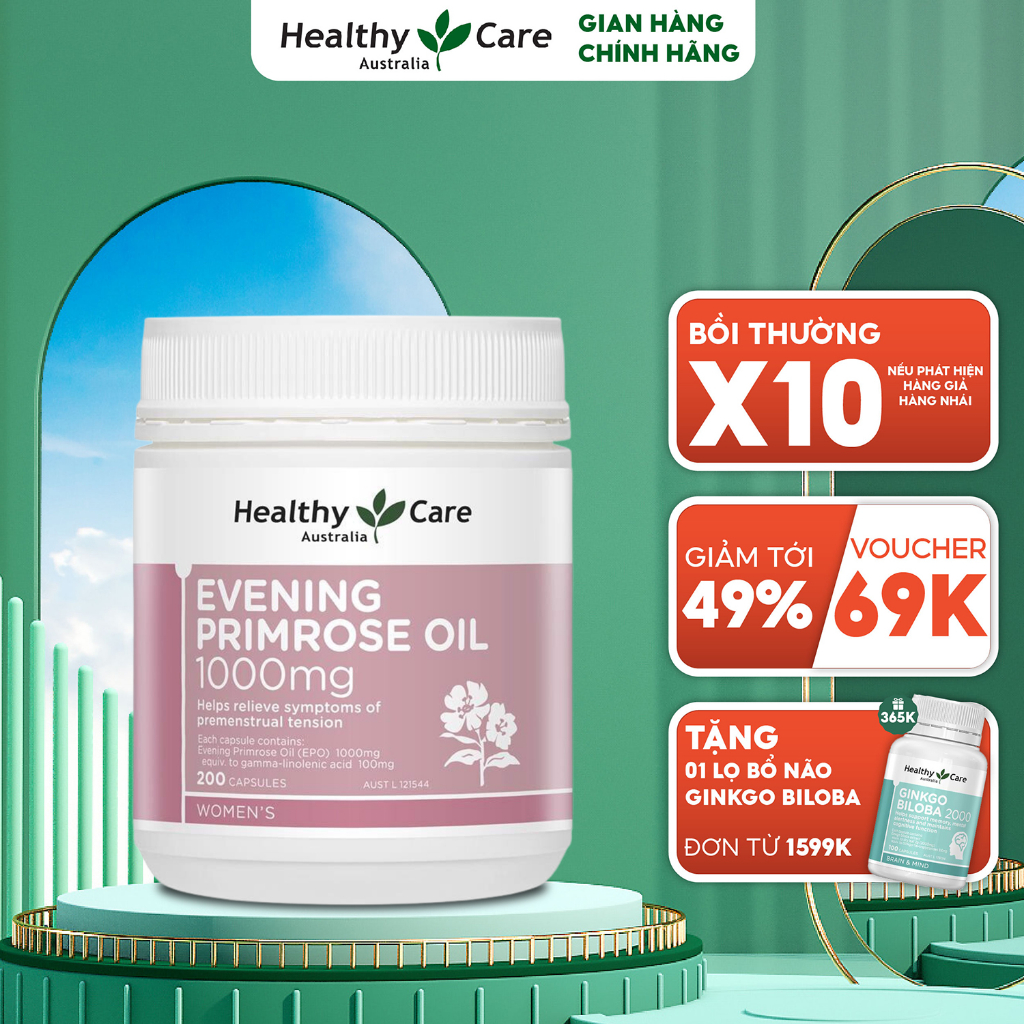 Tinh dầu hoa anh thảo Úc Evening Primrose Oil 1000mg Healthy Care điều hòa nội tiết, giúp đẹp da, tóc, móng 200 viên