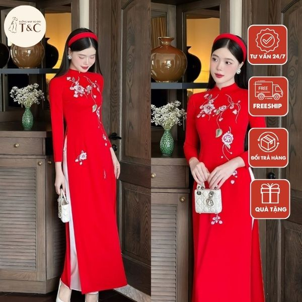 Áo dài truyển thống chất liệu lụa mỹ thêu hoa cao cấp - Xưởng Áo Dài Cách Tân - AD46