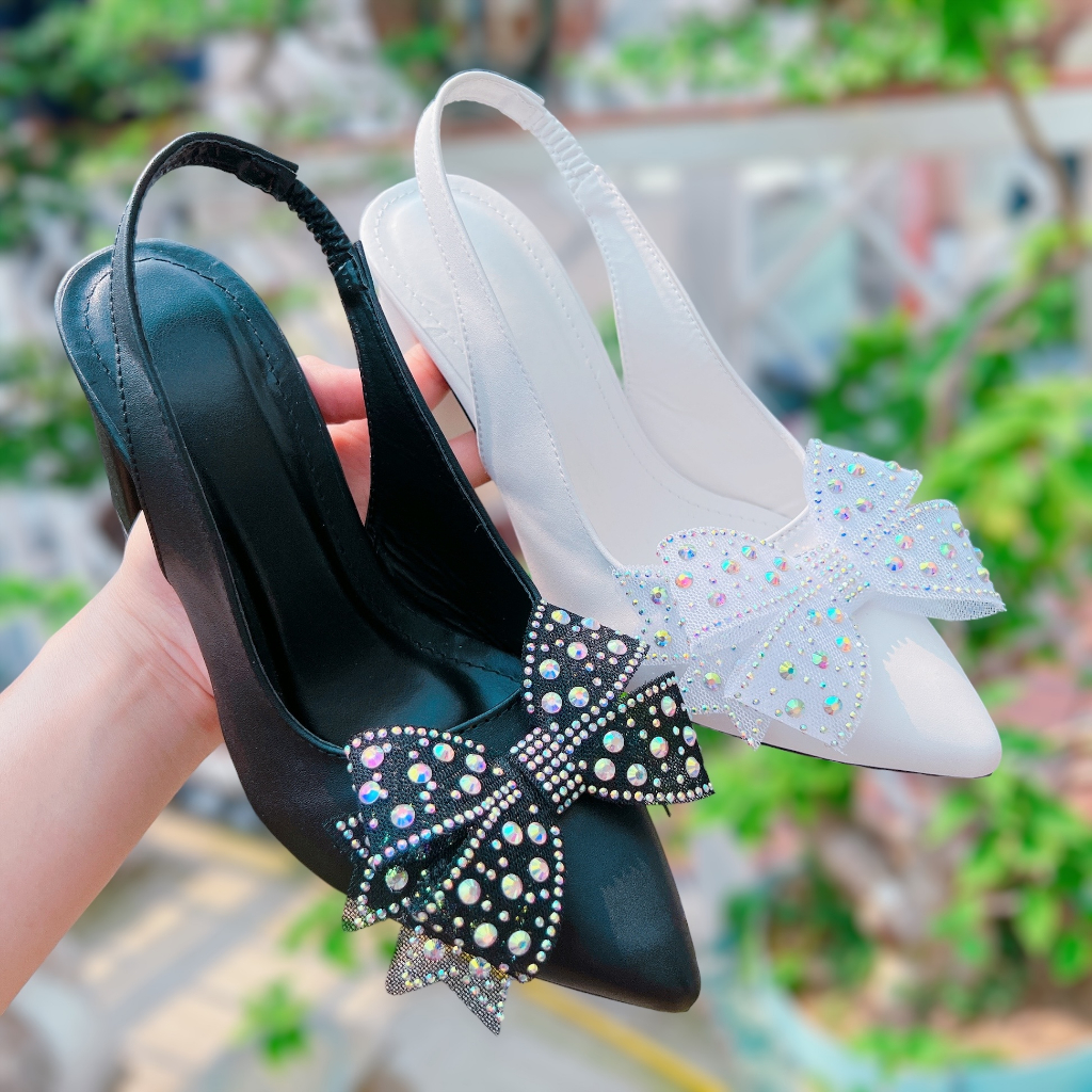 Giày cao gót nữ phối nơ đá gót vuông 9cm -  B56