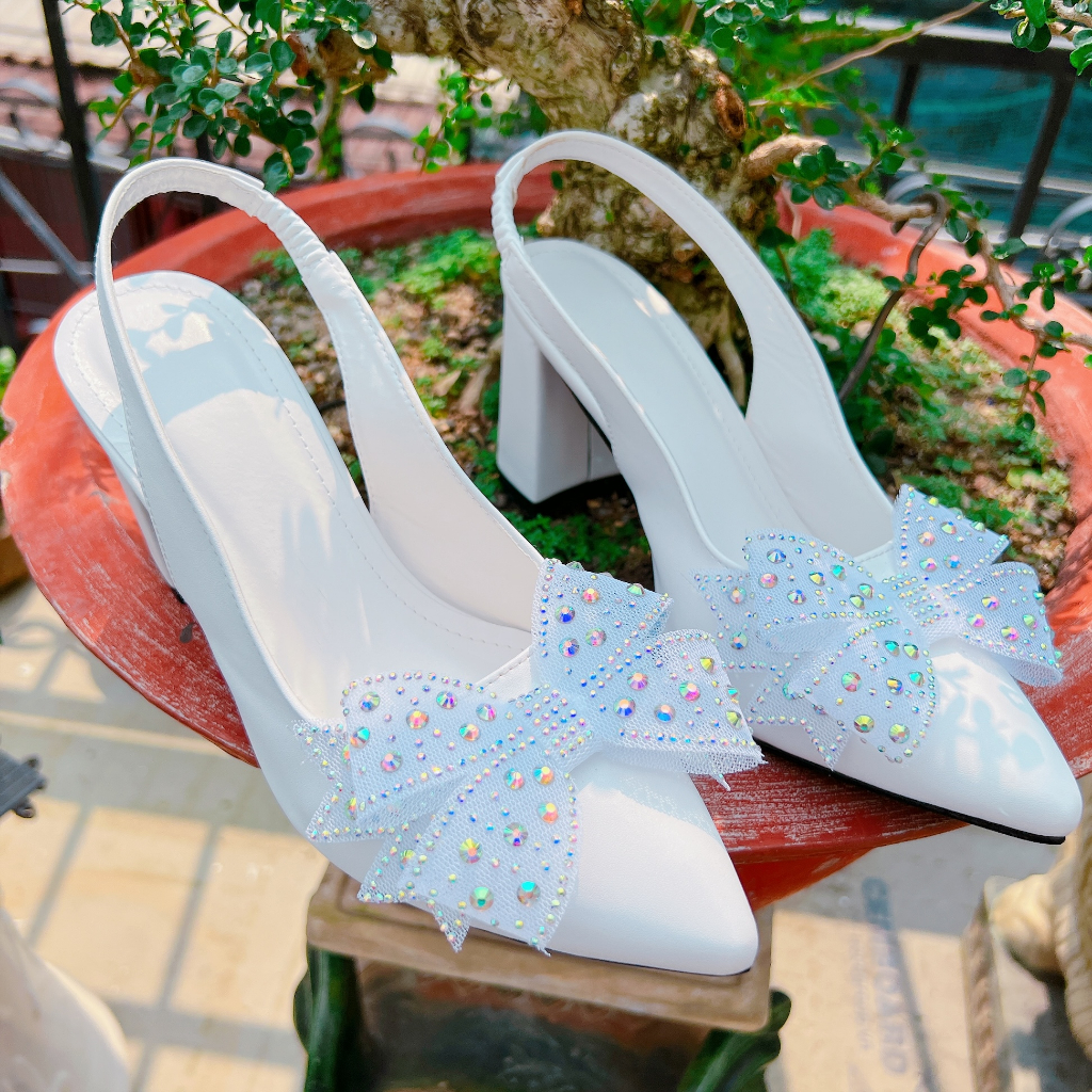 Giày cao gót nữ phối nơ đá gót vuông 9cm -  B56