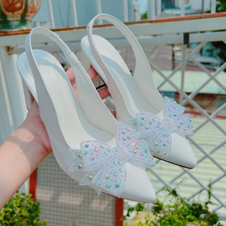 Giày cao gót nữ phối nơ đá gót vuông 7,5cm - B56