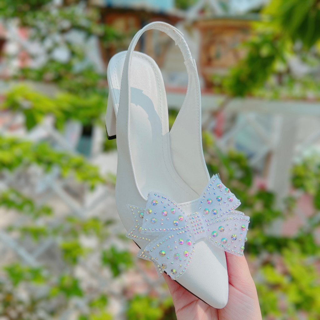 Giày cao gót nữ phối nơ đá gót vuông 9cm -  B56