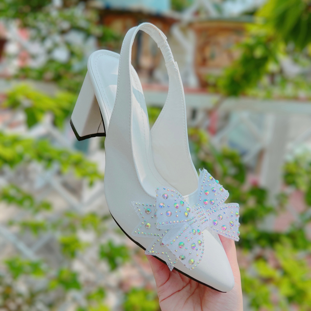 Giày cao gót nữ phối nơ đá gót vuông 9cm -  B56