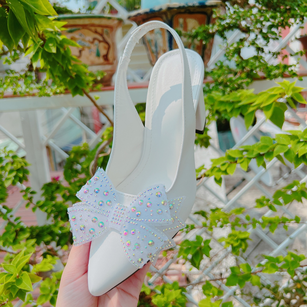 Giày cao gót nữ phối nơ đá gót vuông 9cm -  B56