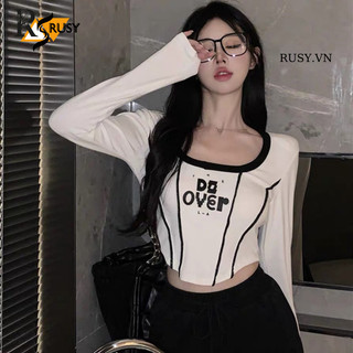 Áo thun crotop nữ tay dài phối cổ, áo crotop thun gân dày dặn rusy