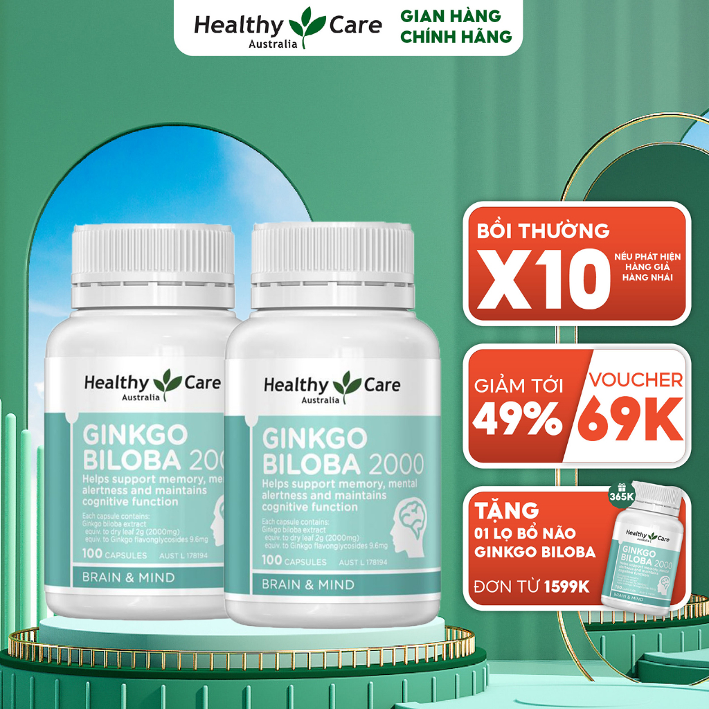 Combo 2 Hộp Bổ Não Healthy Care Ginkgo Biloba 2000mg Hộp 100 Viên