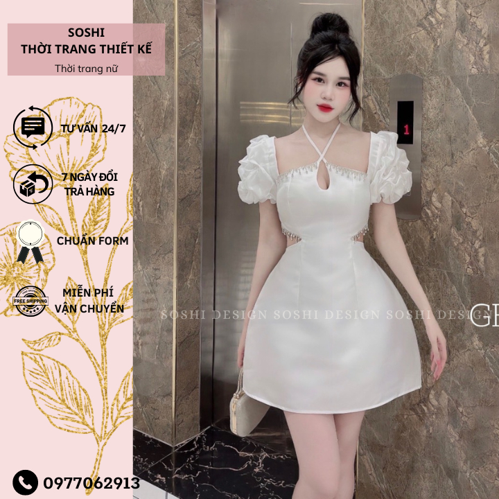 Váy trắng tay bồng thiết kế khoét eo, đầm dự tiệc cổ yếm đính đá chất tafta cao cấp chuẩn form có đệm ngực