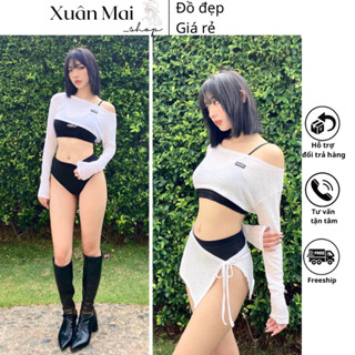 [FREESHIP] Set bikini 4 món áo in chữ, khoác layer tay dài kèm chân váy kiểu cột dây y2k siêu cháy