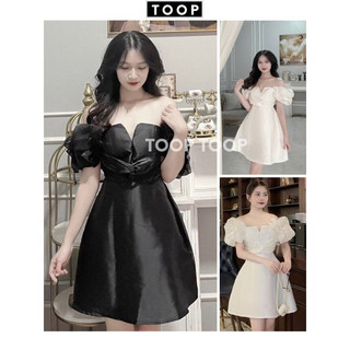 Đầm tiểu thư dáng xòe chữ A trễ vai cổ v phối voan tơ bèo, váy công chúa đi chơi dự tiệc