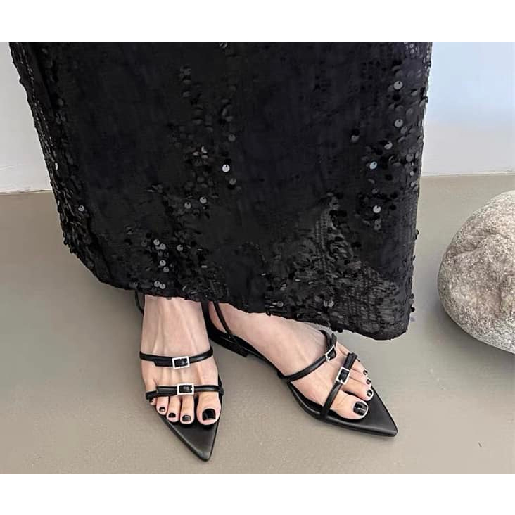 Giày sandal nữ đế bằng mũi nhọn Hàn Quốc full box (ROSE 3-01)