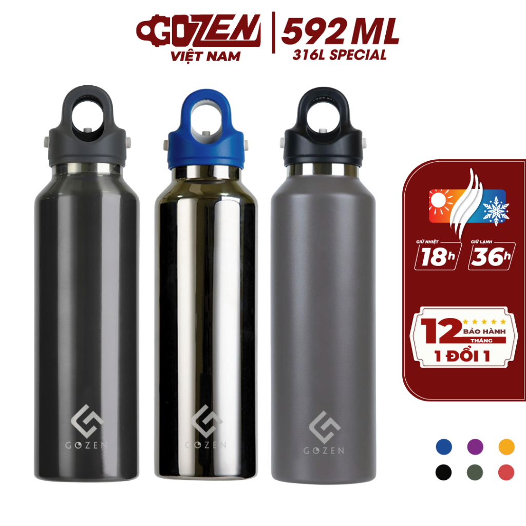 Bình giữ nhiệt Gozen cao cấp xuất sắc 592ML Inox 316L công nghệ Revomax USA. Giữ nóng 18H - Lạnh 36H