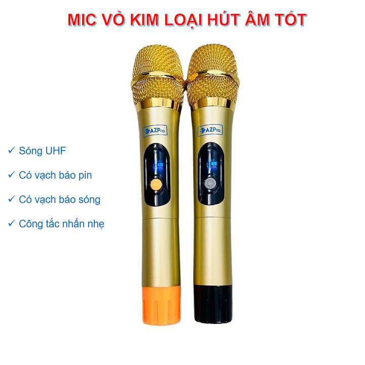 Loa kéo di động AZPro AZ-2506 Bass 40-3 đường tiếng kèm 2 Micro không dây kim loại chống hú,Thùng gỗ,tay kéo sang trọng