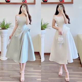 Đầm midi bẹt vai hoa ngực