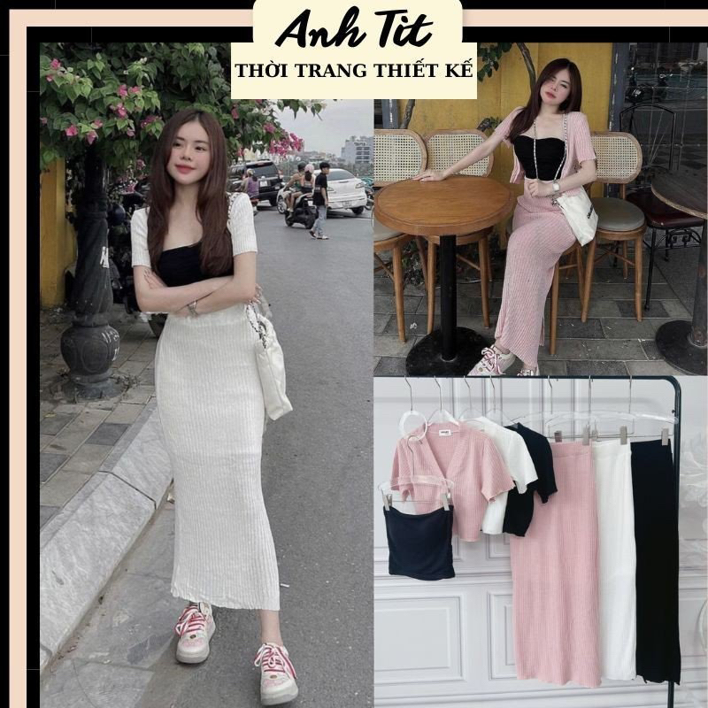 Set 3 Món Áo Quây Kèm Khoác Croptop Xốp Cổ V Mix Chân Váy Suông Midi Ba Màu Đen Trắng Hồng Siêu Xinh - Anh Tít Boutique
