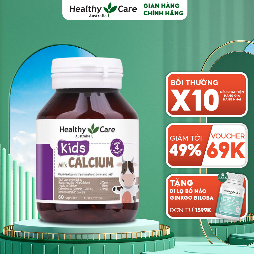 Viên sữa Canxi Healthy Care Úc - Bổ sung Canxi & vitamin D3 cho bé giúp phát triển chiều cao (60 viên)