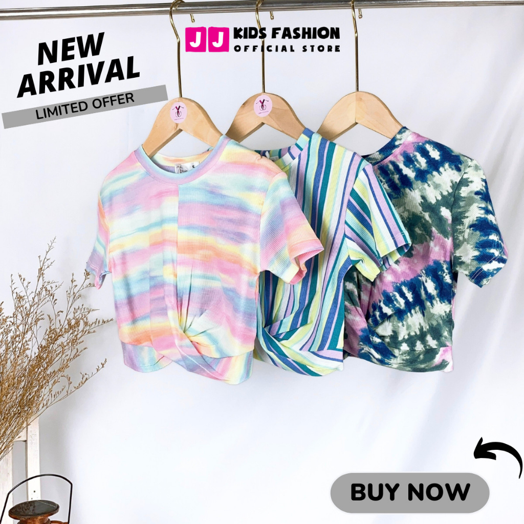 Áo bé gái croptop cộc tay xoắn eo cao cấp sọc màu sắc nổi bật dễ thương - JJ Kids