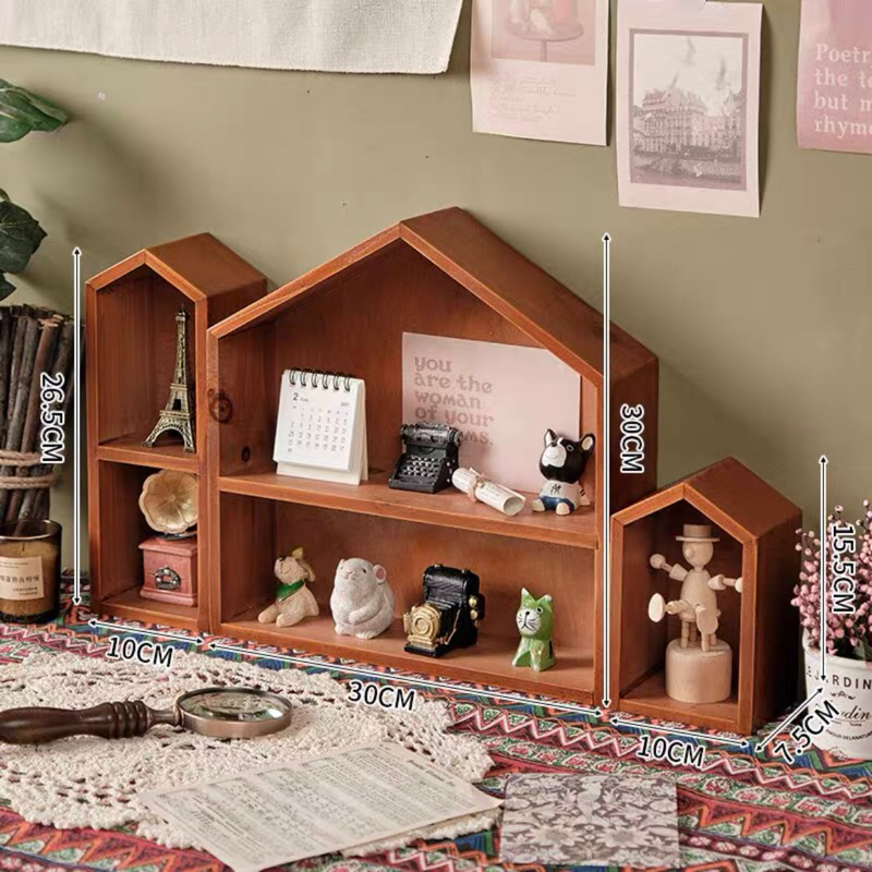 Kệ gỗ 3 ngôi nhà trưng bày mô hình aesthetic