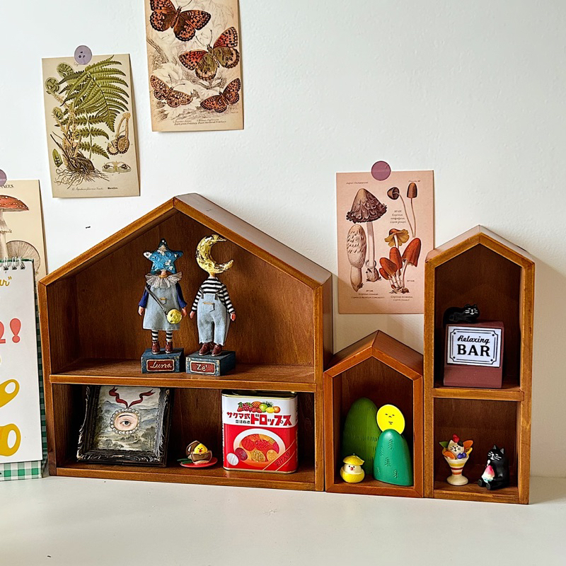 Kệ gỗ 3 ngôi nhà trưng bày mô hình aesthetic