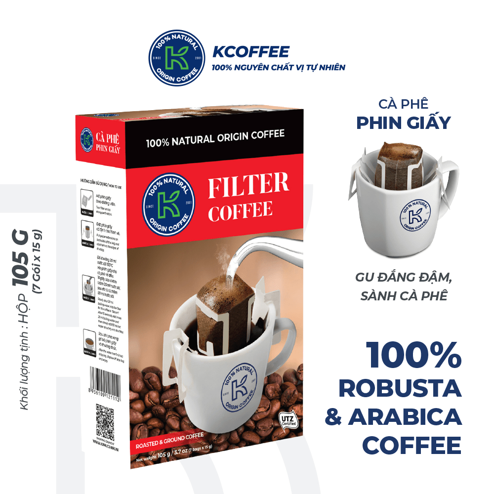 [Combo 2 Hộp] Cà Phê Phin Giấy K Filter Coffee 105g (30% Arabica và 70% Robusta) - K Coffee