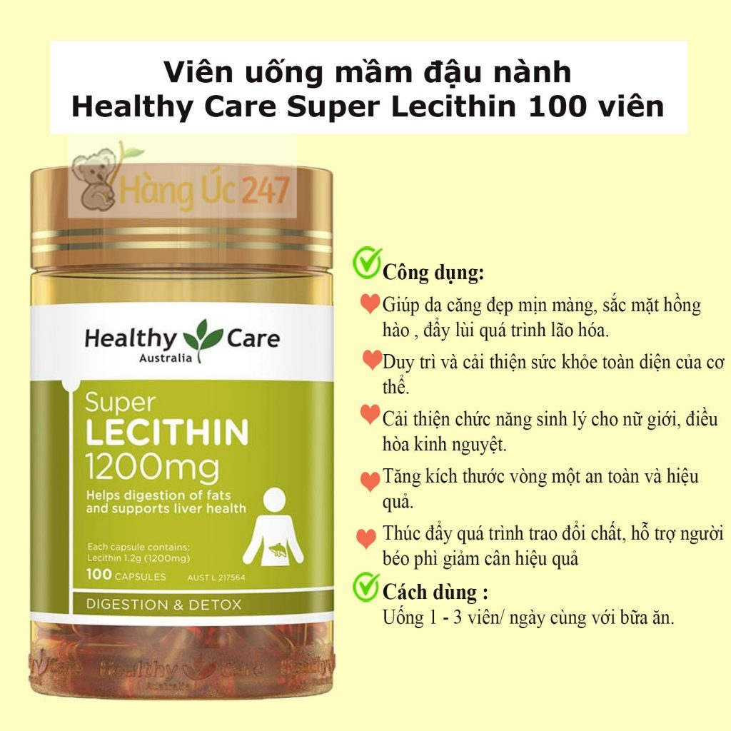 Viên uống tinh chất Mầm Đậu Nành Healthy Care Super Lecithin 1200mg đẹp da, Mầm đậu nành cân bằng nội tiết tố