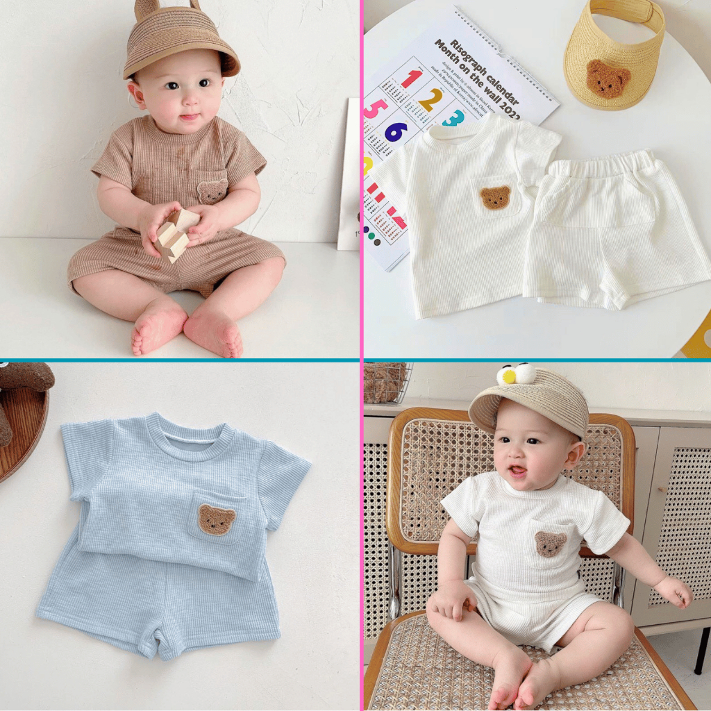 Bộ cộc tay thun gân thêu gấu túi thật