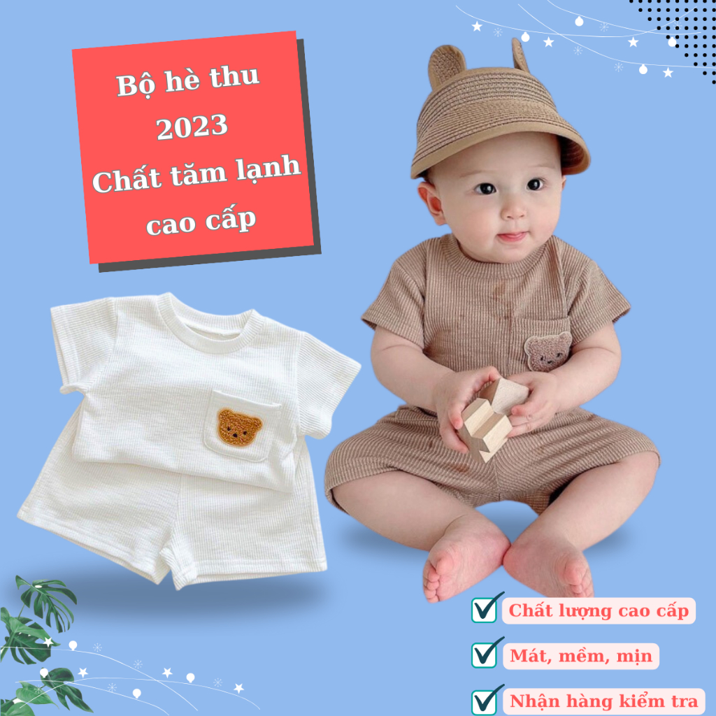 Bộ cộc tay thun gân thêu gấu túi thật