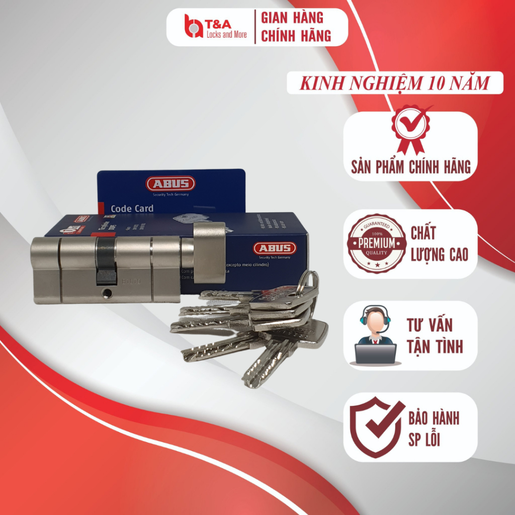 Ruột khóa Đức ABUS KD10 nikel 1 đầu núm vặn 1 đầu chìa kích thước 35/35mm 4 chìa vi tính