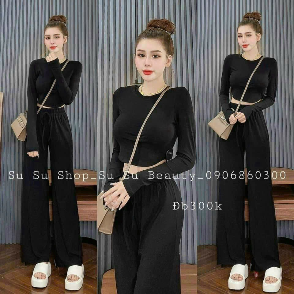 Set bộ thu đông nữ, set thun gân basic trơn màu áo tay dài croptop mix quần dài ống rộng 3 màu tôn da mtb