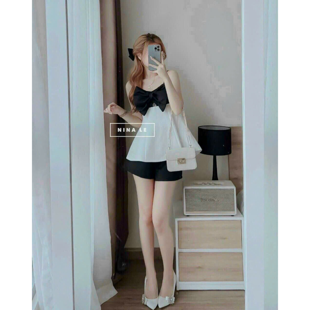Set bô đùi tiểu thư, set bộ umi 2 dây nơ đen dáng xòe mix quần short đùi, bộ đồ mặc đi chơi đính nơ siêu dễ thương mtb
