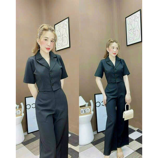 Set bộ vest thời trang nữ công sở,set áo vest tay ngắn croptop mix quần dài ống rông thanh lịch
