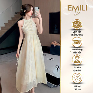 Váy dài cổ yếm Emili dáng xoè maxi, váy dáng dài nữ chất liệu tơ ánh nữ tính