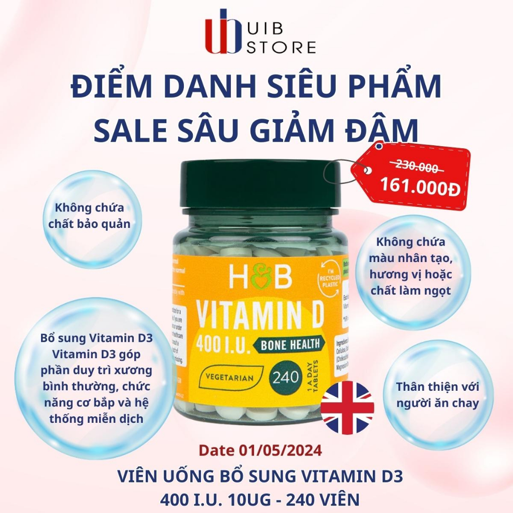 (Date 01/05/2024) V. iên uố.ng Vitamin D3 Holland&Barrett 400 I.U. 10ug - 240 viên