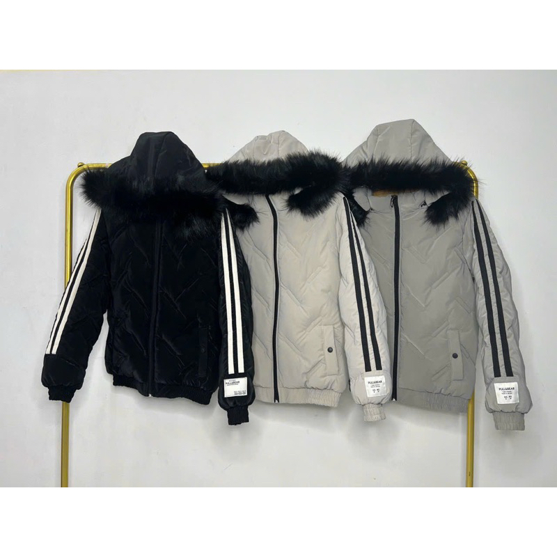 Áo Phao Nam Bóng Mũ Lông, Kẻ 2 Sọc Tay Dập Vân Chéo