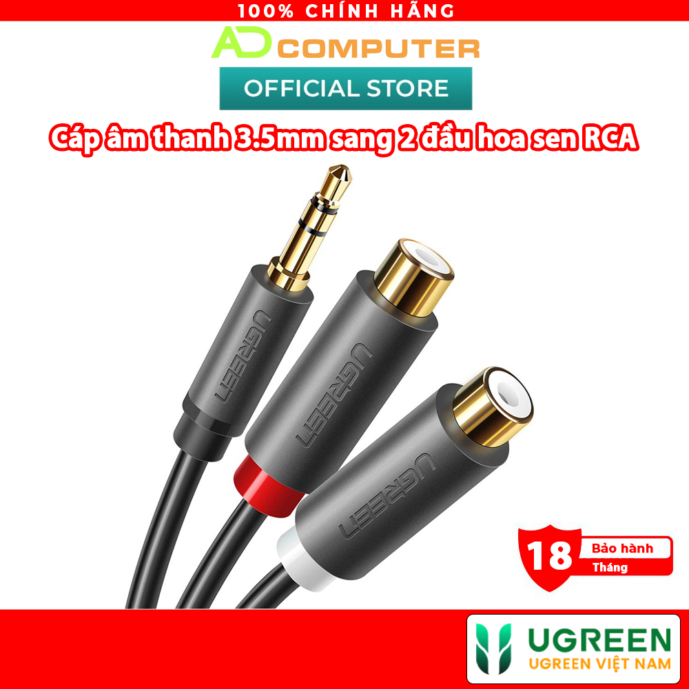 Cáp âm thanh chuyển jack 3.5mm sang 2 đầu hoa sen RCA dài 20CM - UGREEN 10547 (màu đen)