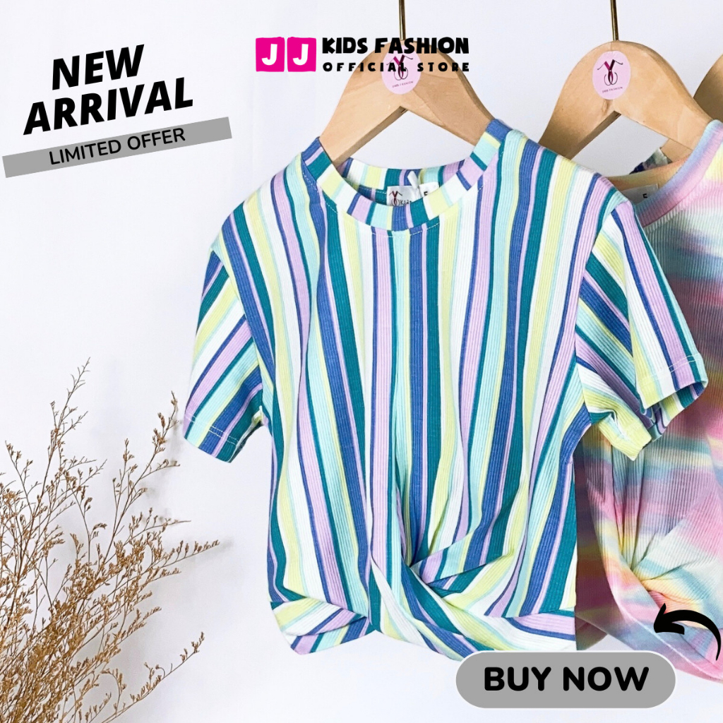 Áo bé gái croptop cộc tay xoắn eo cao cấp sọc màu sắc nổi bật dễ thương - JJ Kids