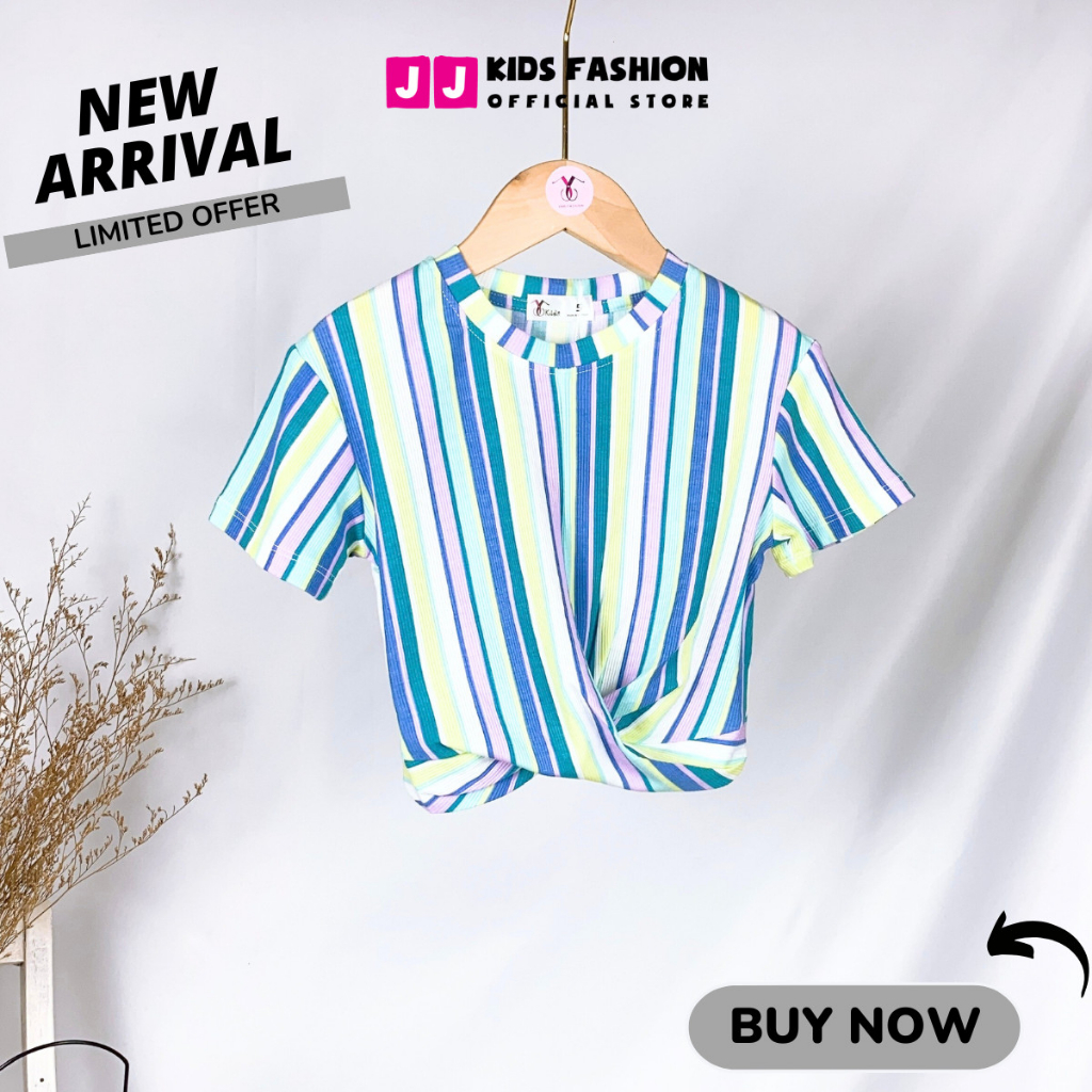 Áo bé gái croptop cộc tay xoắn eo cao cấp sọc màu sắc nổi bật dễ thương - JJ Kids