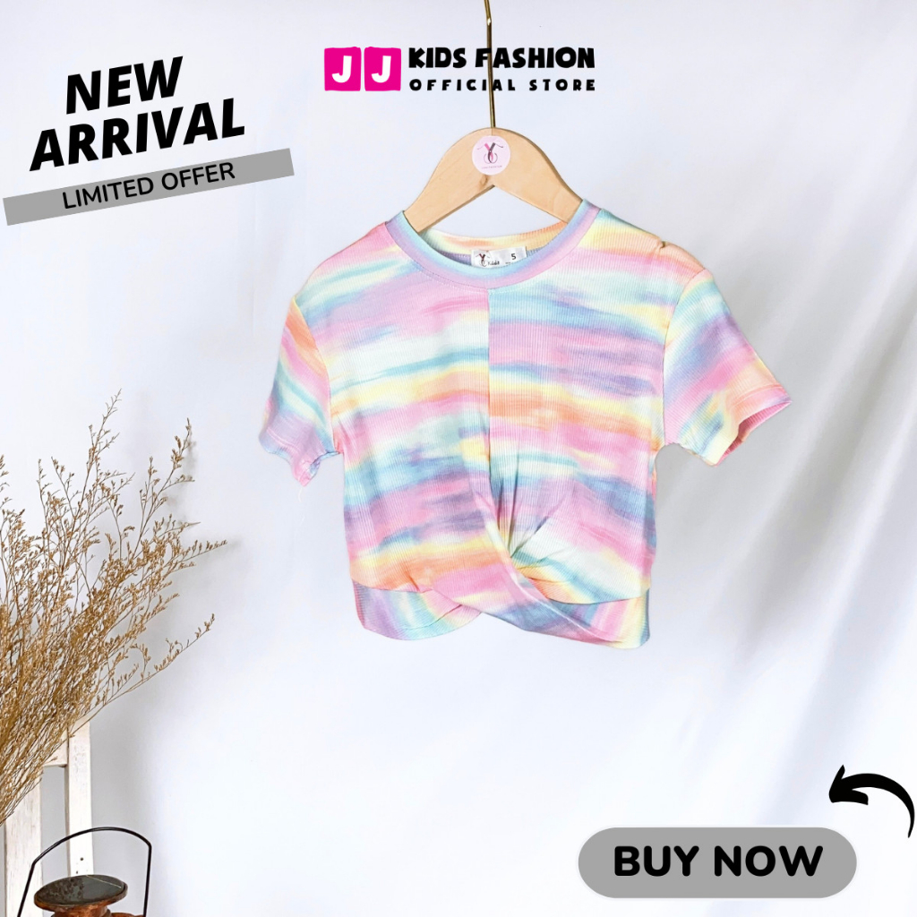 Áo bé gái croptop cộc tay xoắn eo cao cấp sọc màu sắc nổi bật dễ thương - JJ Kids