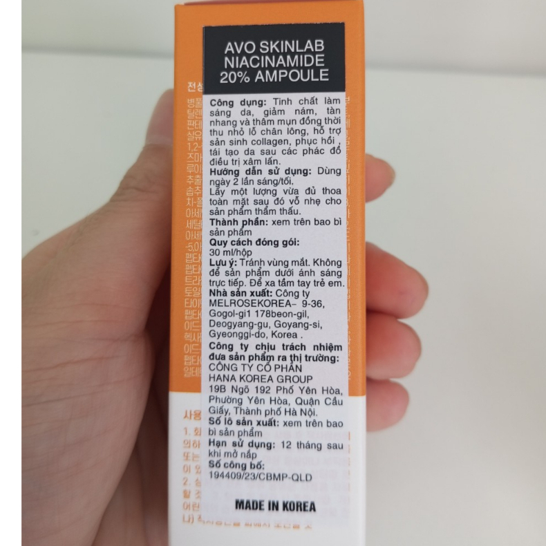 Serum Tinh Chất Niacinamide 20% Ampoule AVO SKINLAB 30ML - Giúp Cấp Ẩm, Sáng Da, Giảm Thâm Và Chống Lão Hóa