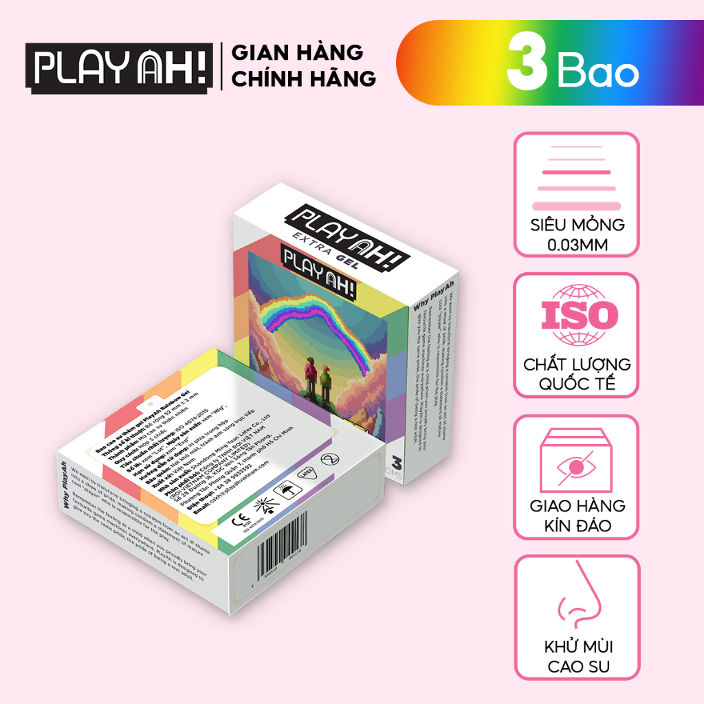 Bao Cao Su PlayAh Rainbow Gel 003 Hộp 3 10 Size 52mm siêu mỏng nhiều gel