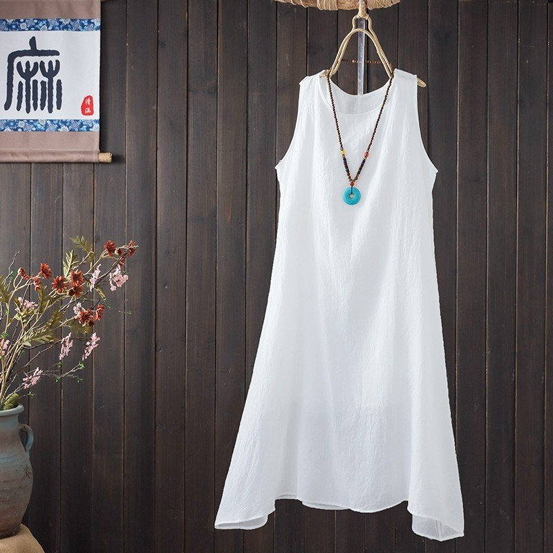 Váy đũi nữ trắng cổ V, Đầm suông nữ sát nách chất đũi mát, mặc nhà, mặc đi chơi Da69