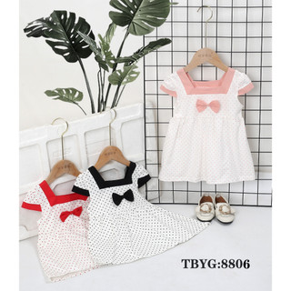Váy cotton chấm bi cổ viền phối nơ cho bé 1-3 tuổi