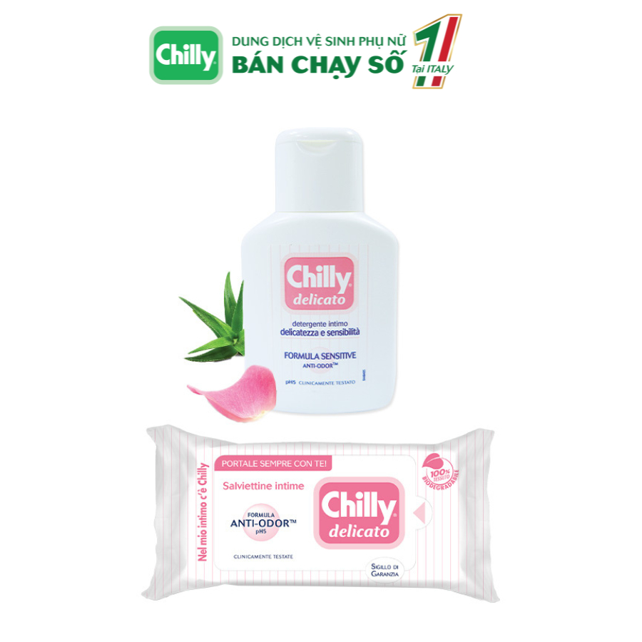 Combo du lịch Chilly Delicato Dung dịch vệ sinh phụ nữ 50ml + Khăn lau phụ khoa gói 12 tờ dưỡng mềm mại sạch dịu êm